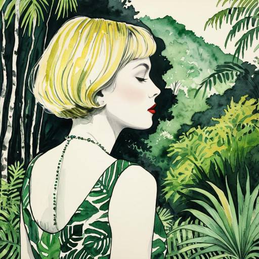Surreal Watercolor Woman in Tropical Forest