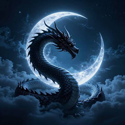 Digital artwork of a dark, serpentine dragon with sharp spikes, coiled around a glowing, luminous crescent moon amidst a starry,