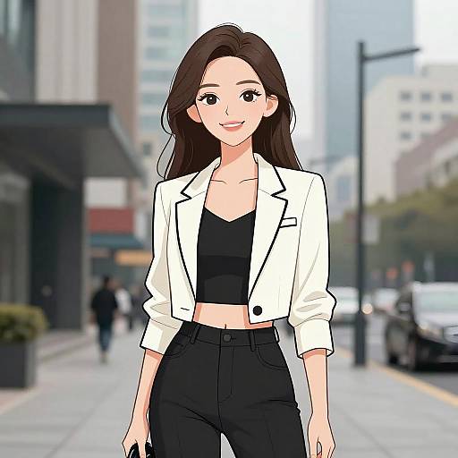 Digital anime-style drawing of a smiling young woman with long brown hair, wearing a white jacket, black crop top, and high-waisted black pants