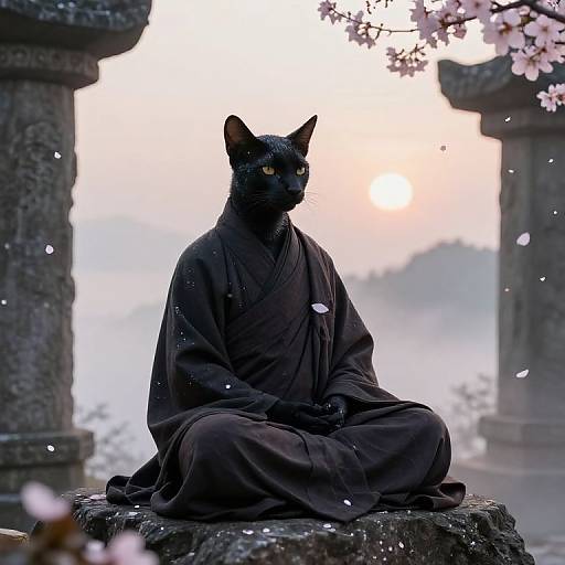 Photograph of a black cat with glowing yellow eyes, wearing a dark kimono, sitting cross-legged between ancient stone pillars, surrounded by cherry blossom petals