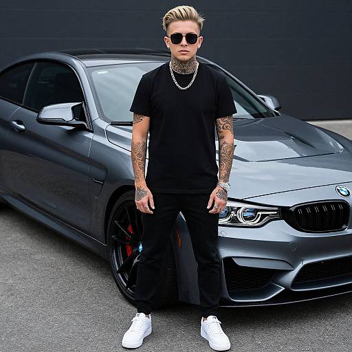Tattooed man with blonde hair, sunglasses, black t-shirt, pants, white sneakers, standing in front of a sleek black BMW. Phot