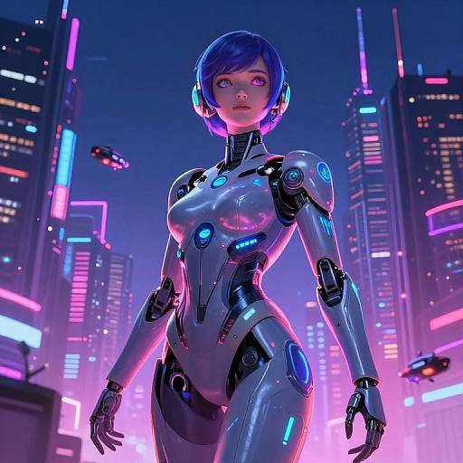 CGI image of a futuristic, blue-haired, cybernetic woman with glowing neon accents standing in a vibrant, neon-lit cityscape.