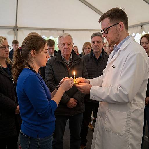 Photograph of a man in a white lab coat lighting a candle for a smiling woman in a blue sweater, surrounded by an attentive audience in a white