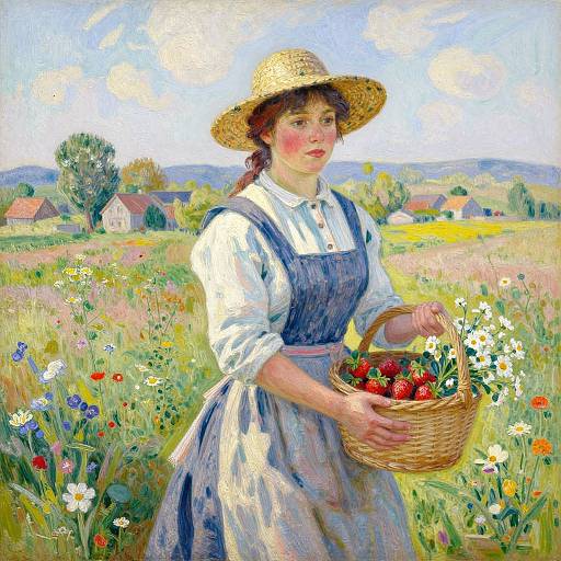 Impressionist painting of a fair-skinned woman with red cheeks, wearing a straw hat and blue pinafore, holding a basket of strawberries in