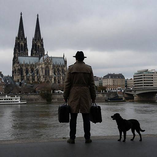 Silhouetted Traveler on Riverside Promenade