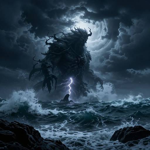 Digital art of a dark, stormy sea with a silhouetted, horned figure standing in turbulent waves, lightning illuminating the scene,