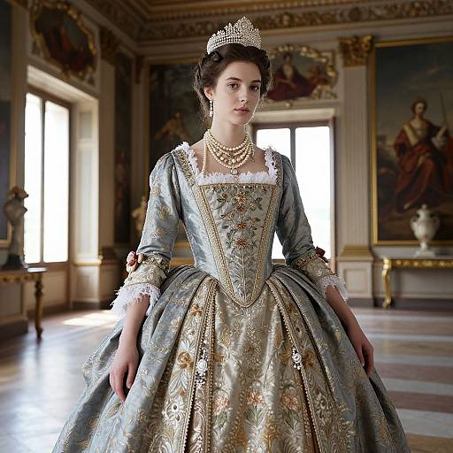 Photorealistic digital portrait of a young woman in an ornate, 18th-century-style blue and gold floral gown, pearl necklace, tiara