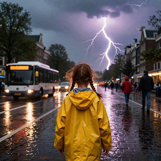 Child in Yellow Raincoat Watching Lightning Storm in Amsterdam