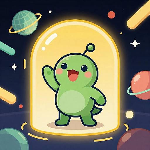Vibrant Cartoon Alien in Cosmic Scene