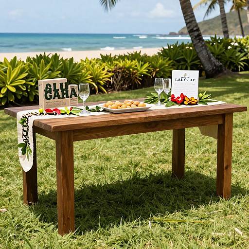 Photograph of a wooden table on grass with 