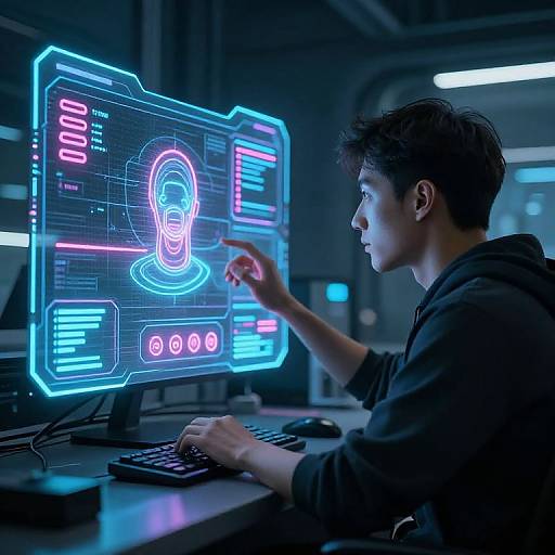 Photograph of a young man in a black hoodie, focused on a glowing blue neon computer screen with a digital lightbulb icon, in a dim