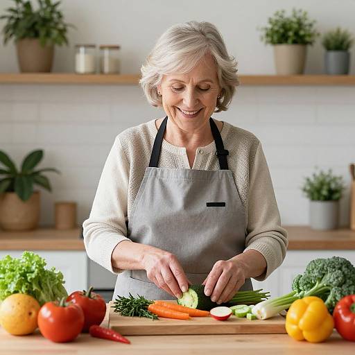 Photograph of a smiling elderly woman with short gray hair, wearing a gray apron, chopping colorful vegetables on a wooden countertop.
