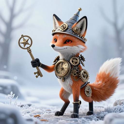 CGI image of a steampunk fox standing in a snowy forest, wearing a gear-adorned helmet and holding a key-shaped staff with a