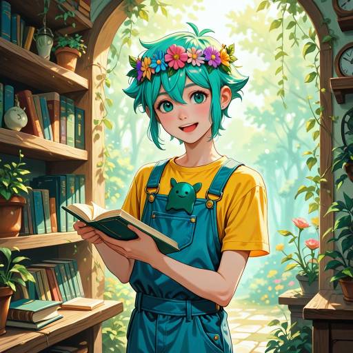 Cheerful Boy in Blue Overalls with Flowers