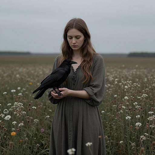 Photograph of a young woman with long brown hair, wearing a gray dress, holding a black crow in a wildflower field. Overcast sky in