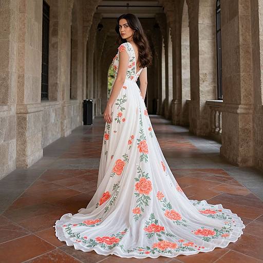 Photograph of a woman with long dark hair, wearing a white floral gown with orange roses, standing in a stone colonnade.