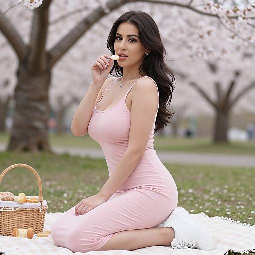 Voluptuous Woman Picnic Under Cherry Blossoms