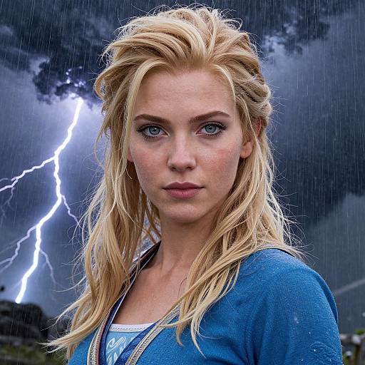 Photograph of a blonde woman with blue eyes, wearing a blue top, standing in the rain with a lightning bolt in the stormy background. Her