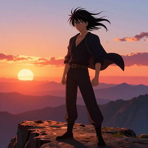 Anime-style drawing of a tall, black-haired man in a black jacket and pants, standing on a rocky cliff at sunset, with mountains and a colorful