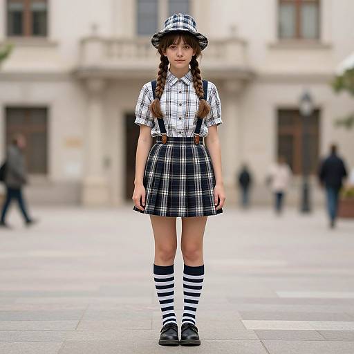 Photograph of a young girl with braided brown hair, wearing a black and white plaid outfit, striped knee-high socks, and black shoes,