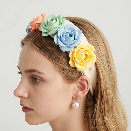 Photograph of a young woman with light brown hair, wearing a colorful flower crown with blue, yellow, and peach roses, pearl earrings, in profile