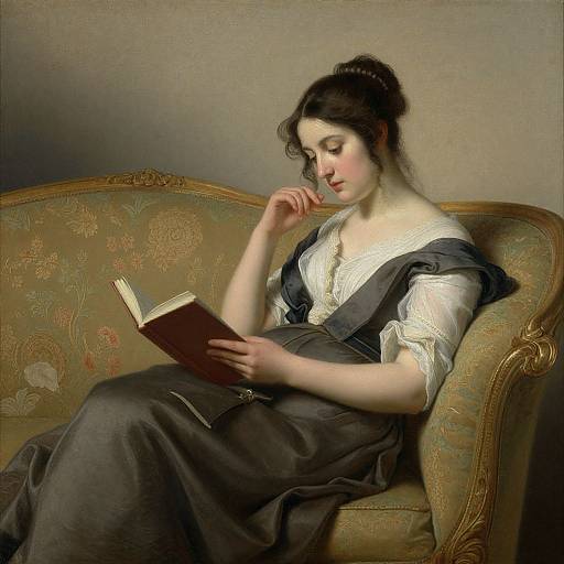 Classical portrait of a fair-skinned woman with dark hair in an updo, reading a book on an ornate floral-patterned sofa.