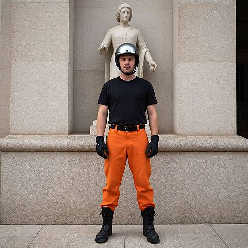 Man in Helmet with Statue Background