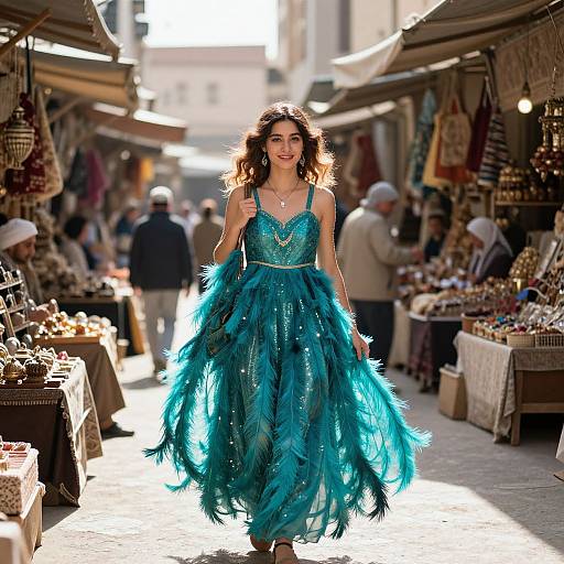 Photograph of a smiling woman with long brown hair, wearing a teal, feathered evening gown, walking through a sunlit, bustling outdoor market stall