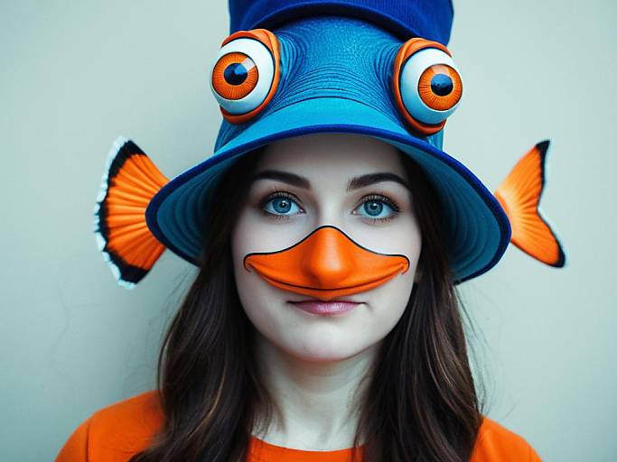Photograph of a woman with fair skin and blue eyes, wearing a blue bucket hat with orange fish eyes and fins, and an orange duck beak
