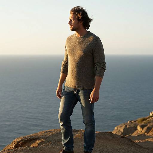 European Man on Seaside Cliff at Golden Hour