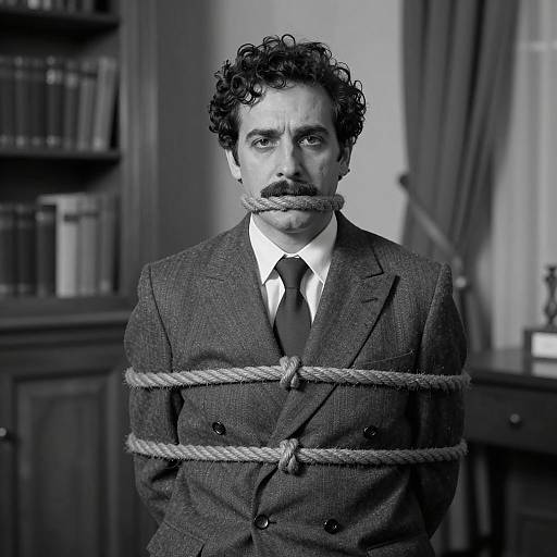 Man Bound and Gagged in Suit Black and White