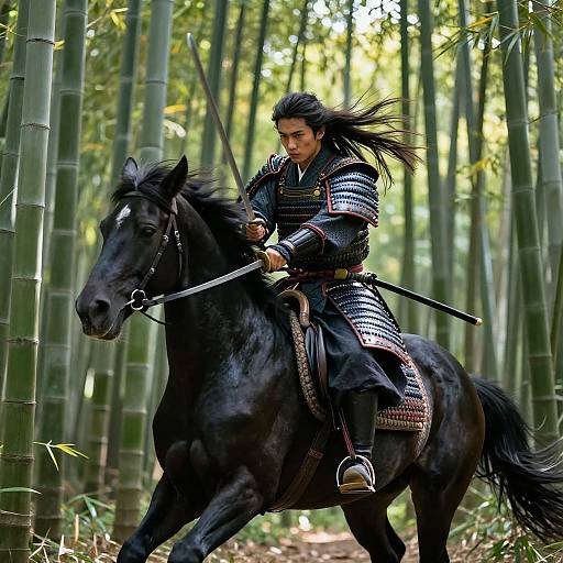 Photograph of a samurai with long black hair, wearing traditional armor, riding a black horse through a dense bamboo forest.