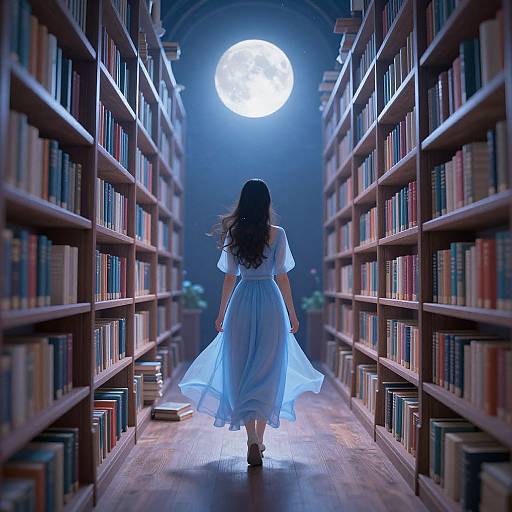 Photograph-style digital art: Woman with long brown hair in white dress walks down moonlit library aisle, flanked by shelves of books. Full moon