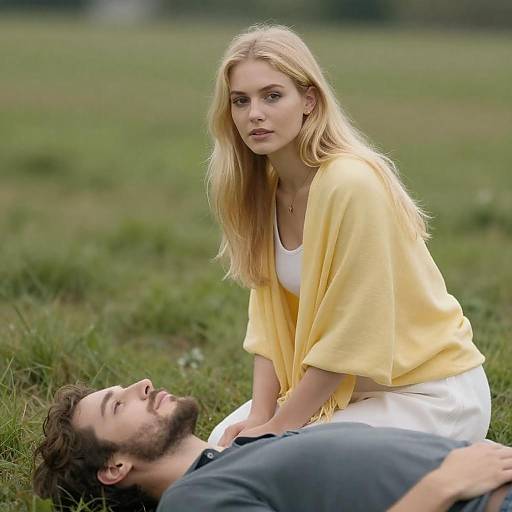 Blonde Woman Kneeling in Grassy Field