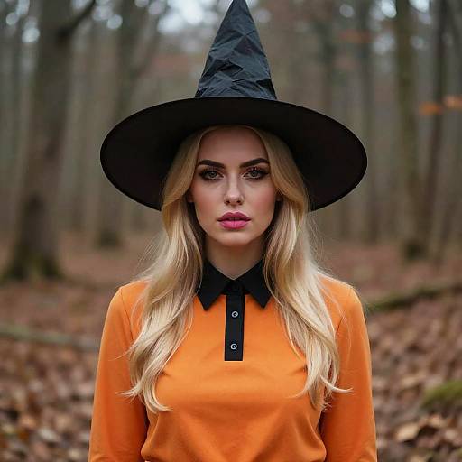 Photograph of a blonde woman with pink lips, wearing an orange shirt and black-collared witch hat, standing in a forest with fallen leaves.