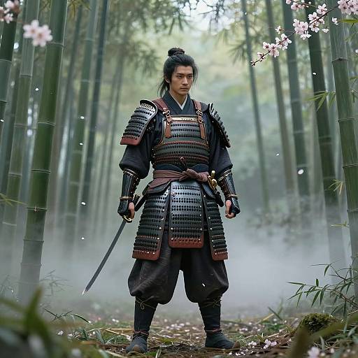 T-Pose Ancient Samurai in Misty Bamboo