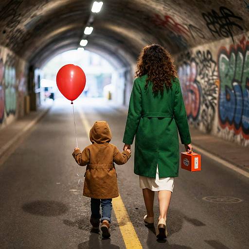 Woman and Child Walking in Graffiti Tunnel