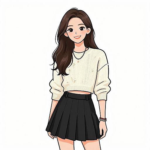 Digital anime-style drawing of a smiling young woman with long brown hair, wearing a white sweater, black skirt, and necklace, against a plain white background