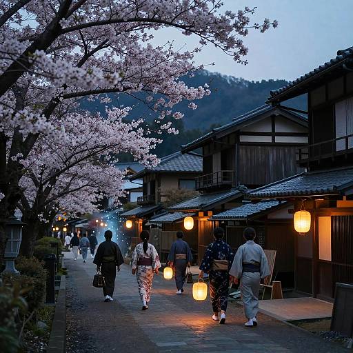 Twilight Sakura Village Lantern Scene