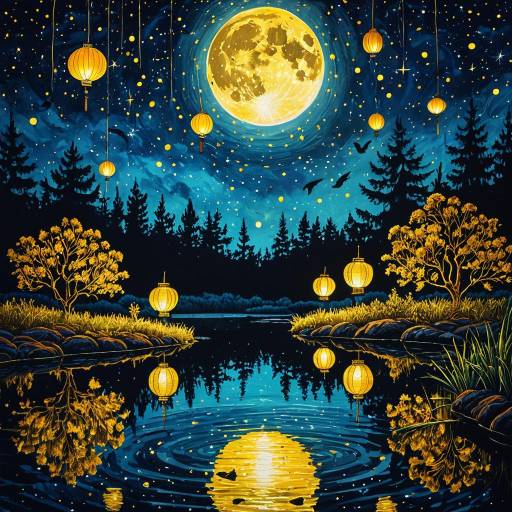 Moonlight and Floating Lanterns Over Serene Pond