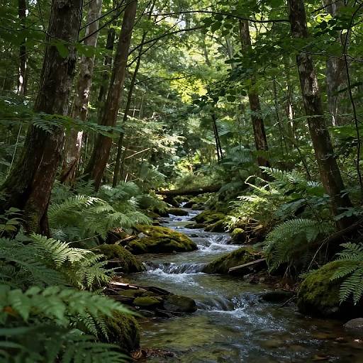 Photograph of a lush, green forest with sunlight filtering through trees, highlighting a clear, flowing stream over moss-covered rocks and ferns.