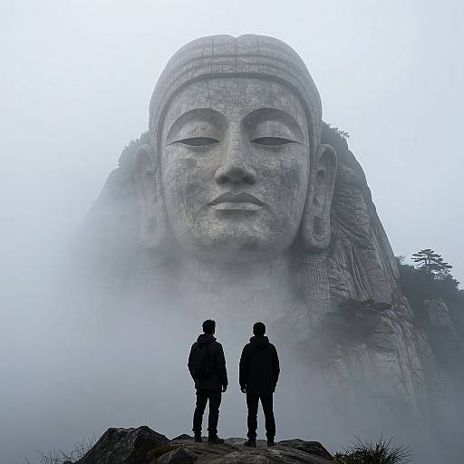 Majestic Stone Visage in Fog