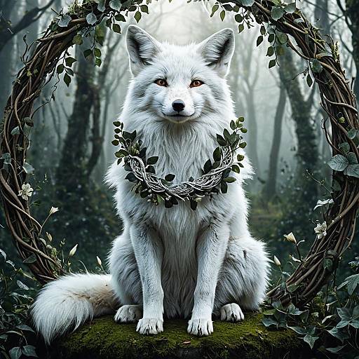 White Fox with Vine Wreath in Enchanted Forest