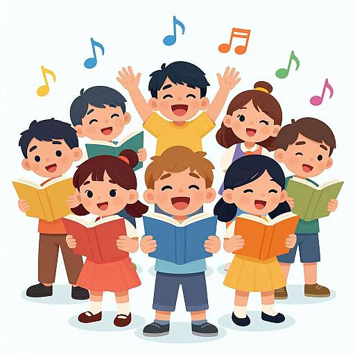 Colorful digital illustration of seven smiling children singing, holding books, with musical notes above, standing against a white background.