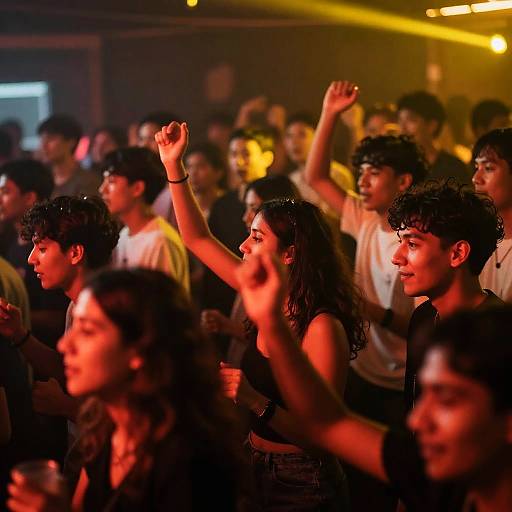 Photograph of diverse, young concert crowd under red and yellow stage lights, with raised hands and focused expressions, capturing energetic atmosphere.