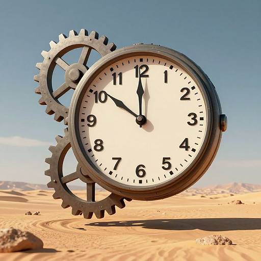 Photograph of a large, metallic clock with interlocking gears standing in a sunny desert, displaying 12:15 against a clear blue sky.