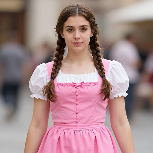 Photograph of a young woman with fair skin and brown braids, wearing a pink dress with white puffed sleeves, standing in a blurred, outdoor
