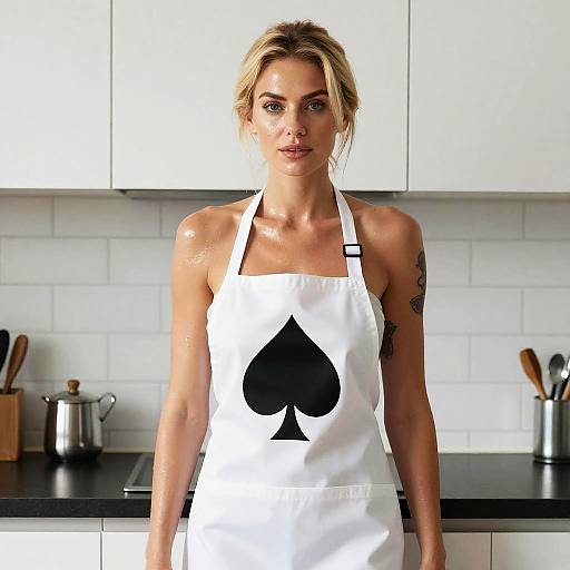 Blonde Woman in White Apron in Modern Kitchen