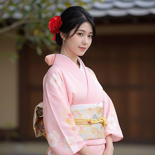 Woman in Traditional Pink Kimono