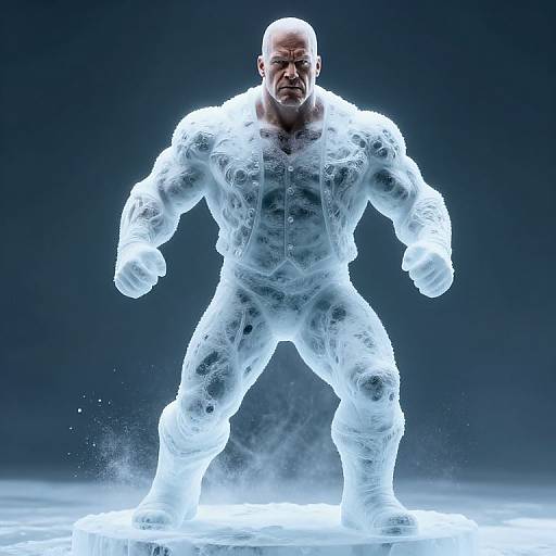 Photorealistic CGI of a muscular bald man in a glowing, translucent white bodysuit, standing in a bright, icy blue light with water spl